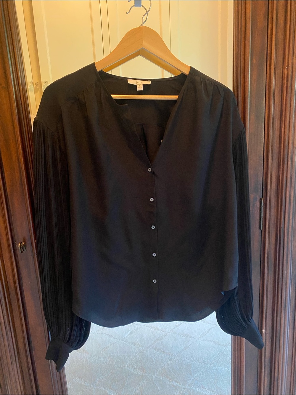 Joie Black Pleated-Sleeve Button-Down Blouse, Size Small